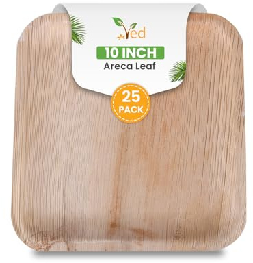 Ved 25 Assiettes jetables écologiques et biodégradables en feuille d'arec de 10 (25 cm) Grandes assiettes carrées en bambou compostables, durables et allant au four pour aliments chauds.