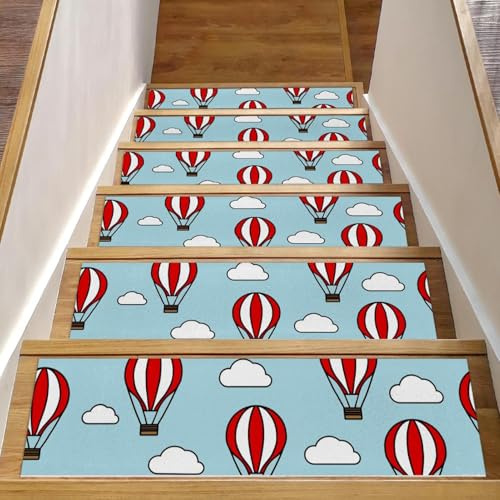 RODAILYCAY Alfombra para peldaños de escalera, globo aerostático azul de viaje, 15 almohadillas antideslizantes para peldaños de escalera, 8 x 30 pulgadas, para peldaños de madera en interiores