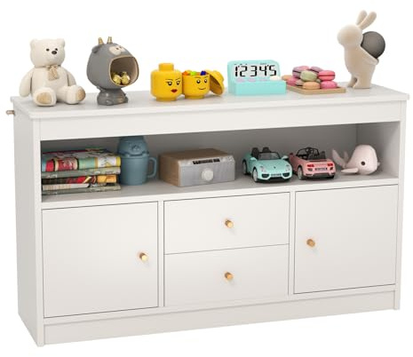 Maxmass Kids Toy Storage Organizer, Children Storage Cabinet with Drawers, Large Open Shelf, Wooden Book Display Unit for Playroom, Kindergarten, Living Room (White, 106 x 30 x 62 cm)