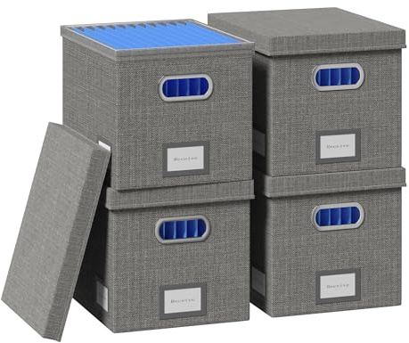 GRSQYS Akten-Organizer-Box – Aktenboxen zum Aufhängen von Dateien mit Deckel, 4 Stück, dekorative Hängemappen, Organizer mit einteiligen Kunststoff-Rahmenschienen (grau, 33,5 x 25,7 x 25,7 cm (4 Stück