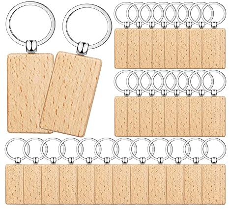 Gokoti 100 PièCes Porte-CléS en Bois Vierges en Vrac Rectangle Gravure sur Bois Vierges Porte-CléS en Bois Inachevé Porte-CléS A