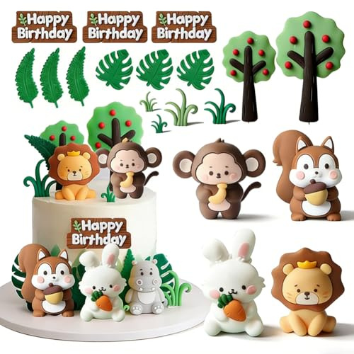 Jungle Animal Cake Toppers, Animals Happy Birthday Cake Toppers Cake Decorations, Jungle Animal Birthday Cupcake Toppers for Kids Cake Decoration Birthday Shower Supplies - A