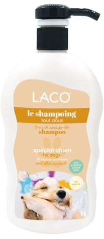 LACO - Shampoing Tout Doux 1L avec Pompe - Shampoing Chien Chiot et Autres Animaux - Nettoie sans Irriter - Laisse un Pelage Souple, Brillant, Facile à Brosser - pH Neutre, Aloe Vera - Peaux Sensibles