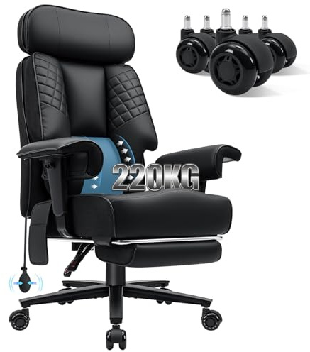 HOFFREE Großer und hoher Bürostuhl Ergonomisch Chefsessel 220kg mit Fußstütze und Verstellbare Lendenwirbelstütze,Kopfstützenhöhe Verstellbar,T-förmige Armlehnen,PU Leder Stuhl,Schwarz