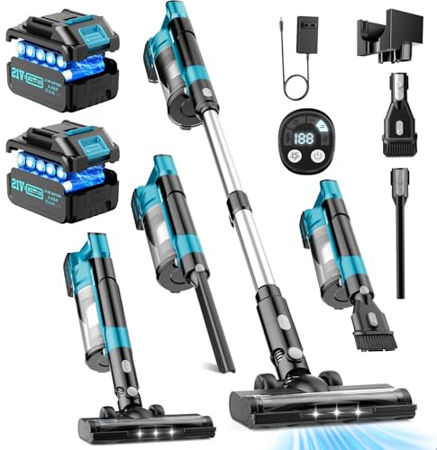 denqir 700W Cordless Vacuum Cleaners for Home with 2*Battery 8000mAh,Brushless Rechargeable Stick Vacuum with 3 Mode, 6 in 1 Portable Handheld Cordless Vacuum for Pet Hair/Hardwood Floor/Dorm (Blue)
