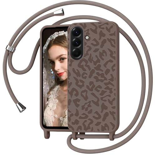 Mosoris Handyband für Samsung Galaxy A57 5G Hülle mit Band, Leopardenmuster Silikon Handyhülle mit Kette, Necklace Schutzhülle zum Umhängen Kordel, Liquid Silikon Case für Samsung A57 5G, Kahki