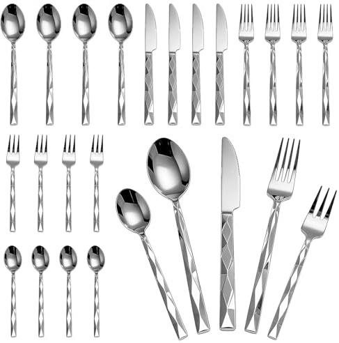 Juego de cubiertos de acero inoxidable de 20 piezas, diseño de corte de diamante, incluye cuchillo, tenedor, cuchara, pulido espejo, apto para lavavajillas, para el hogar, bodas, fiestas (plata)