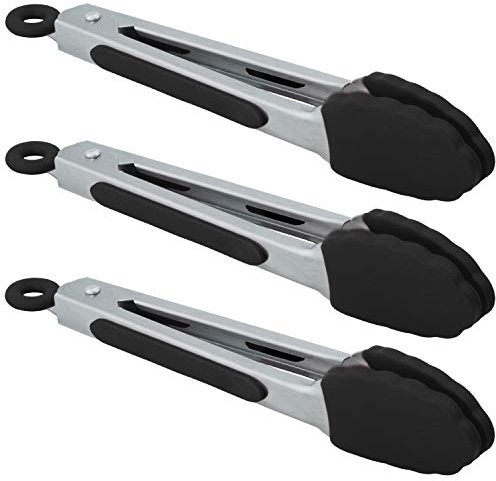 HINMAY Small Serving Tongs with Silicone Tips 7 Inch Mini Stainless Steel Food Tongs, Set of 3 (Black)