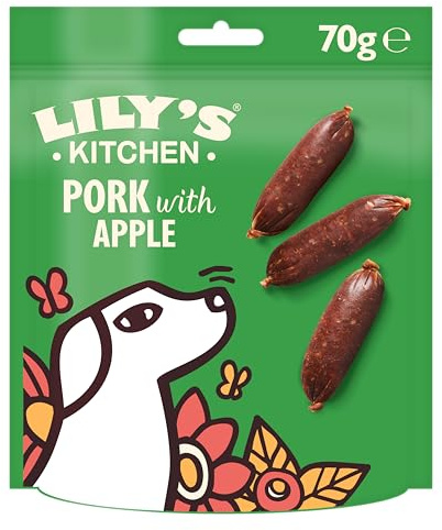 Lily's Kitchen Elaborado con ingredientes naturales paquete de golosinas para perros adultos salchichas de cerdo crujiente con manzana receta sin cereales 8 × 70g