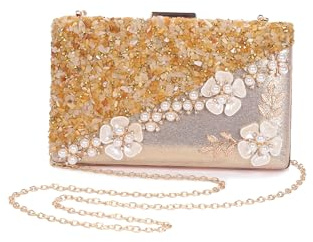 CORIOS Bolsa de Noche de Flores para Mujer Embrague con Diamantes de Imitación Bolso de Mano con Cadena Elegante Bolso de Boda Bolso de Hombro de Novia Bolso de Fiesta de Perlas Champán