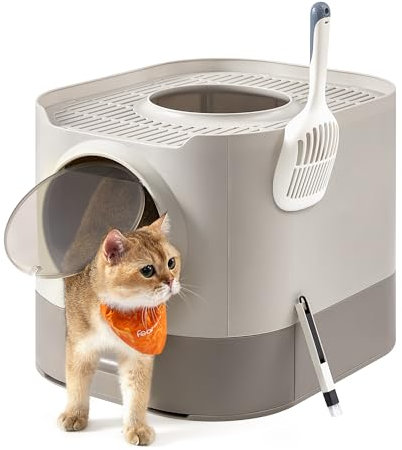 Feandrea Katzenklo, Katzentoilette XXL, mit Deckel, ausziehbares Tablett, Schaufel, Bürste, für Katzen verschiedener Größen, weniger Spuren, haferflockenfarben-warmgrau PPT002G01