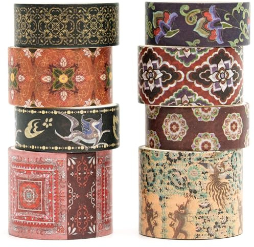 Songdao 8 rollos Washi Tape Set, Cinta Vintage Adhesivo Decorativo Obra de Arte Inspirada Hoja de Oro Masking Tapes para Artes, Bullet Journal, Scrapbooking, Bricolaje (Dunhuang)