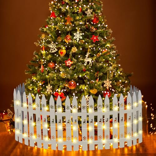 Sasylvia Christmas Wooden Tree Fence with LED String Light Xmas Wooden Picket Fence Holiday Indoor Garden Fence for Christmas Tree Garden Grass Lawn Party Decorations(Height 16 inch, Length 11 FT)