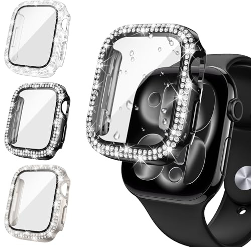 Neitra [3Pack for Apple Watch Screen Protector Case Series 11/10 46mm Accessories, iWatch Hard PC Diamond Bumper Case Built-in Tempered Glass Film, Protective Bling Face Cover for Women Girls, 46 mm
