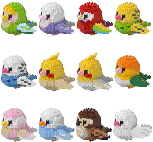 HJPLPXH Set di Blocchi da Costruzione Micro Mini Pappagalli, Regalo di Compleanno per Bambini, Kit di Modelli di Animali, Mini Mattoncini Serie Uccelli Giocattoli per Bambini (12 Scatole)