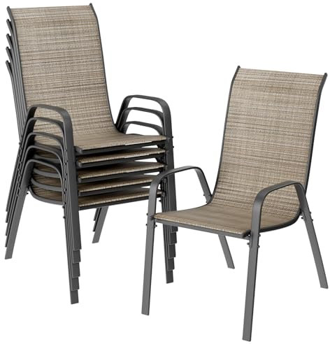 Clevich Stapelbare Gartenstühle Hochlehner Outdoor-Campingstühle mit Stahlrahmen & Textilene Bezug 150kg Tragkraft Für Terrasse, Balkon, Gastro 54 x 69 x 93cm (6, Flachsbraun)