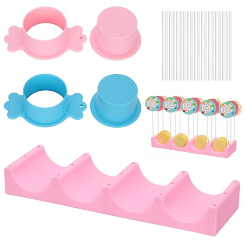 AGIFTMIND 2PCS Cake Pop Mold Kit with 15-Hole Drying Stand, Silicone Round Cake Pop Cutter and Pusher for Home Baking, Valentines Birthday Party Supplies, Wedding Dessert Table (Pink&Blue, 23P)
