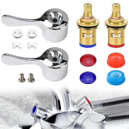 2 Set Replacement Tap Valves, Brass Ceramic Disc Cartridges Insert Set, Mixer Tap Cartridge Replacement, Quarter Turn Tap Valves Cartridges with Metal Lever Heads for Sink Taps Kitchen Faucet