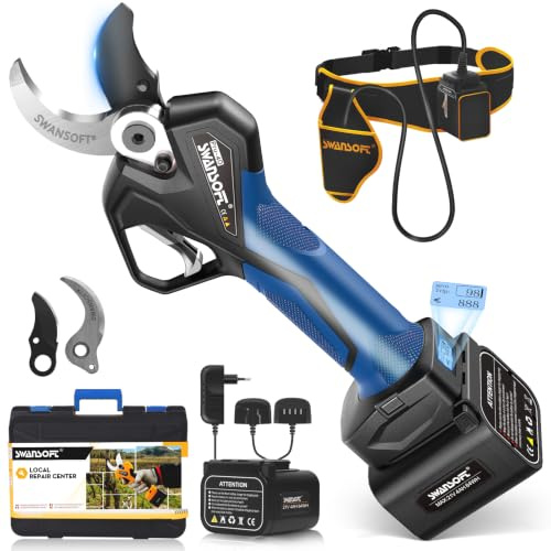 SWANSOFT PRU40 Tijeras de Podar Electricas Profesionales,40mm Corte Progresivo,2 Baterías 4Ah (10-12h),1050W Motor sin Escobillas,Pantalla LCD,con Mochila y Cable para Aliviar Peso,para Olivo y Viñedo