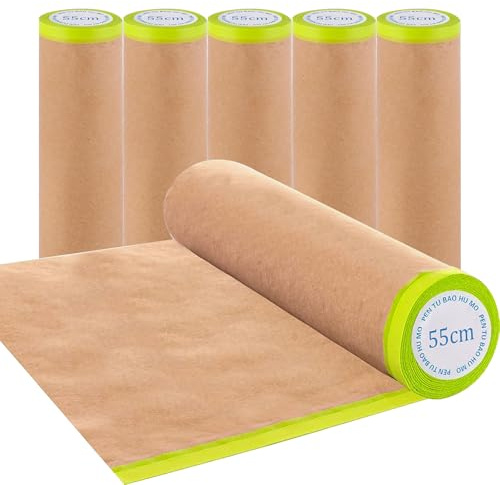 JIODEKEYI Masking Paper for Spraying 6 Rolls: 21 In x 32.8 Ft Pre-Taped Paper with Adhesive Tape Brown Paint Masking Papers for Car Wall Frame Floor Furniture Protection