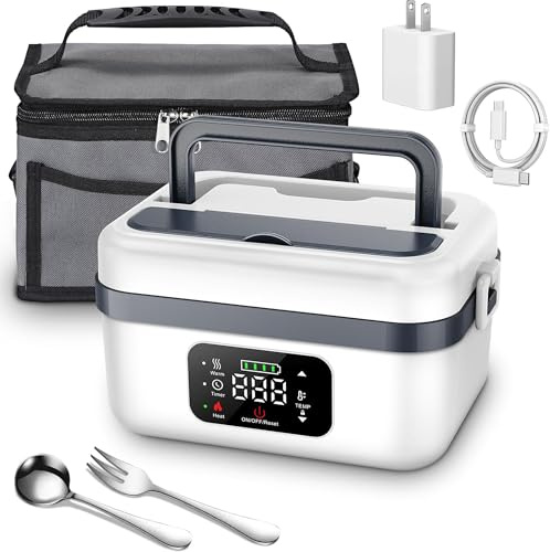 Boîte à Lunch Chauffante Sans Fil Rechargeable - Batterie 16000mAh, Minuterie Intelligente, Maintien Chaud,Chauffage Alimentaire Portable de 1 Litre,pour Travail,Voyage,Voiture et Bureau (Blanc Noir)