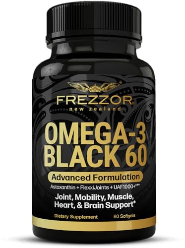 FREZZOR Omega 3 Black for Joint Care & Comfort - New Zealand Green Lipped Mussel Oil Capsules; 53x Higher Potency with UAF1000+ Super Antioxidant, No Fishy Aftertaste, 1-Pack, 60 Softgels