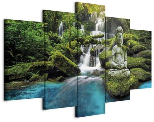 B&D XXL - Leinwandbilder 200x100 cm Vlies Leinwandbild Bilder 5 tlg Kunstdruck modern Wandbilder Groß XXL Wohnzimmer Wanddekoration Wandbild Wand Bild - Buddha Natur Landschaft Wasserfall c-C-0019-b-n