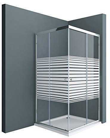 Sogood Duschkabine Schiebetür 80x100cm Eckeinstieg Duschabtrennung Inklusive Duschwanne Milchglas Streifen Eckdusche 6mm ESG Glas Höhe 190cm Rav16MS