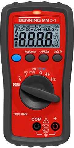 Benning MM 5-1 True RMS-Digital-Multimeter (mit digitaler Anzeige, Messbereichswahl manuell, inkl. Tasche, Messgerät) 44070, Rot, Schwarz
