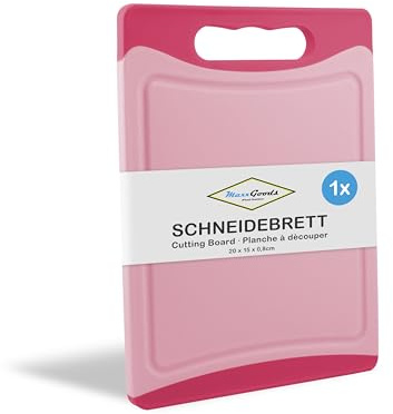 MaxxGoods Planche à découper en plastique avec rainure et poignée - antidérapante, antibactérienne, utilisable des deux côtés, lavable au lave-vaisselle - rose - (20 x 15 x 0,8 cm)