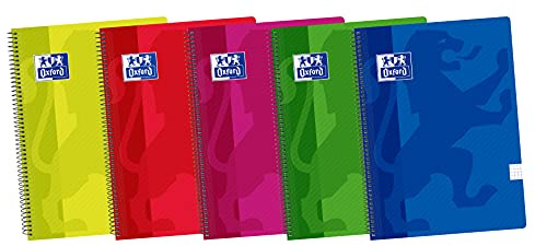 Oxford, Cuadernos A5, Pack de 5 Libretas de Tapa Plástico con Espiral, 80 Hojas con Cuadrícula 4x4, Colores Surtidos