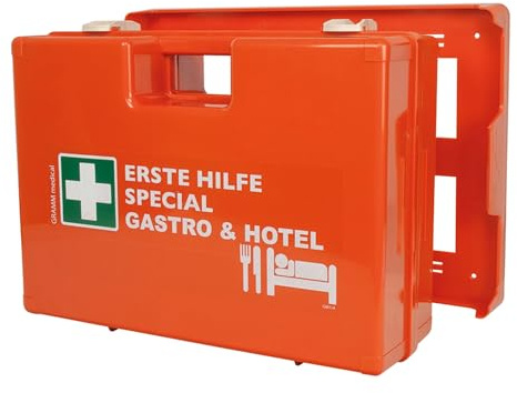 ACTIOMEDIC Erste-Hilfe-Kasten GASTRO & HOTEL, DIN 13 157, Notfallkoffer für die Gastronomie, Wandhalterung, mehrsprachige Beschriftung, Orange, 42 x 33 x 15 cm