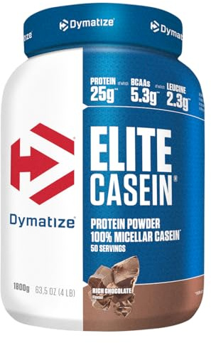 Dymatize Elite Casein Protein Powder, Chocolate, 100% Micellar Casein, 25g Protein, 5.4g BCAAs, 2.3g Leucine, Slow Absorbing for Overnight Muscle Recovery, 4 lb (50 Servings)