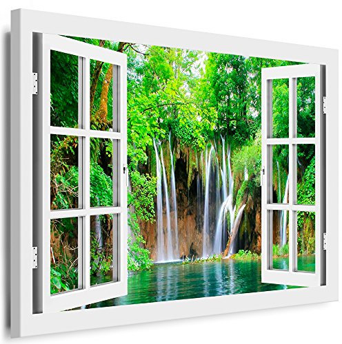 Boikal - Wandbilder Fensterblick 80 x 70 cm Leinwandbild modern Kunstdrucke Wanddesign Wanddekoration Wanddeko Weiß Fenster Bild Wasserfall im grünen Wald XXL108-4