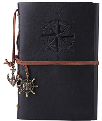 Maleden Reisetagebuch, Vintage-Stil, nachfüllbar, hochwertiges PU-Leder, klassisch geprägt, Reisetagebuch, Notizbuch mit leeren Seiten und Retro-Anhängern (Schwarz)