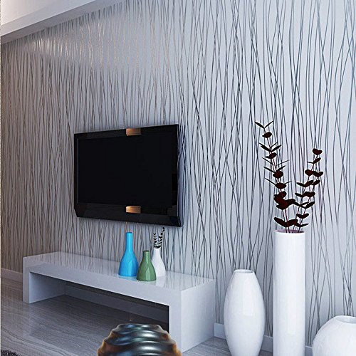 10 m Moderner Fashion Vlies Classic Beflockung Uni, Streifen Tapete Wand Papier Rolle für Wohnzimmer Schlafzimmer silber & Gray Color 0,53 m * 10 Mio. = 5.3sqm