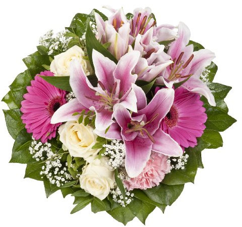 Dominik Blumen und Pflanzen, Blumenstrauß Laura mit rosa Lilien, Rosen und Gerbera