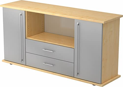 bümö Sideboard Ahorn/Silber/Silber mit Flügeltüren & Regal - Büromöbel Sideboard mit Schubladen Holz 166cm breit, 45cm schmal, Büro Schrank für Flur oder als Wohnzimmer-Kommode mit Relinggriff