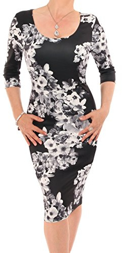 Blue Banana Women's Scoop Neck 3/4 Sleeve Knee Length Floral Pencil Dress - Black and White Size 16