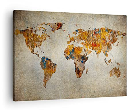 Cuadro sobre Lienzo 70x50cm Moderno Horizontal Mapa del Mundo Viajes - 2783 | Mundo Mapa Continentes Cuadro Decorativo Arte mural Decoración del Hogar Salón Dormitorio Cocina Oficina Cuadros de Pared