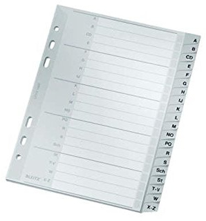 Leitz Register für A5, Deckblatt aus Karton und 20 Trennblätter aus Kunststoff, Taben mit alphabetischem Aufdruck A-Z, Überbreite, Grau, 12650000