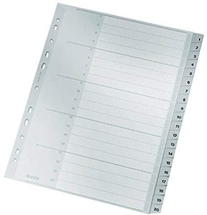 Leitz Register für A4, Deckblatt aus Karton und 20 Trennblätter aus Kunststoff, Taben mit Zahlenaufdruck 1-20, Überbreite, Grau, 12840000, 1-20, A4, PP, 20 Blatt