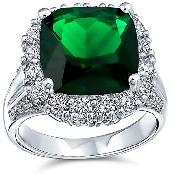 Bling Jewelry 7Tc Zircone Cubique Verte Emerald Coupe Mode Simulées CZ Bague Coussin Blanc L'Énoncé Pour Femme En Laiton Plaqué Argent