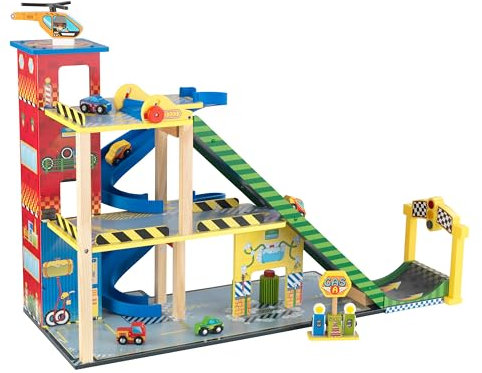 KidKraft Mega Rampe Parkgarage aus Holz mit Aufzug, Garage Spielset mit Autorennbahn, Waschstraße, Tankstelle, 4 Autos, Hubschrauber, Auto Spielzeug für Kinder ab 3 Jahre, 63267