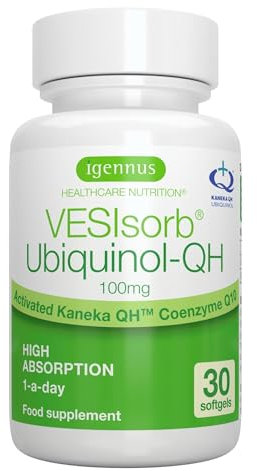 VESIsorb Ubiquinolo 100mg Kaneka, Ubichinolo Integratore Coenzima Q10 Idrosolubile ad Azione Rapida, Biodisponibilità 600% Alto Assorbimento, Maggiore Energia e Salute del Cuore, 30 Capsule - Igennus