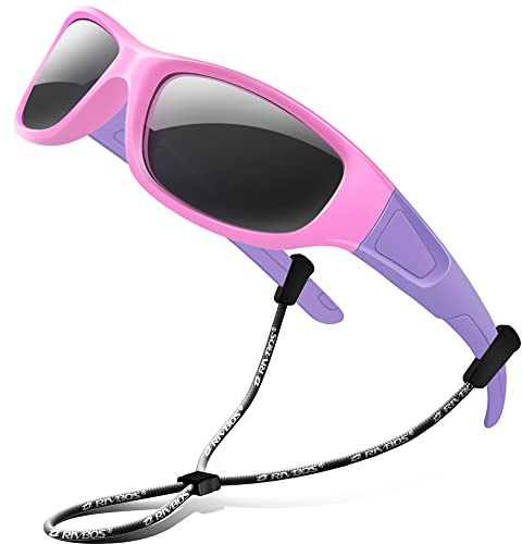 RIVBOS Kids Sunglasses Polarized UV Protection Flexible Rubber Glasses Shades with Strap for Boys Girls RBK037-Pink,Black Polarized Lens