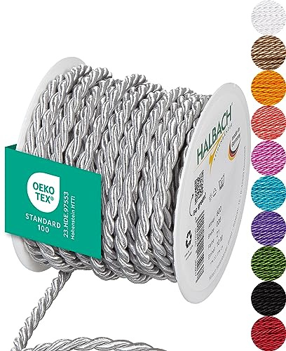 Halbach Satinkordel, 6 mm x 10 m, hellgrau | Glänzende Acetat-Kordel, Made in Germany und Öko-Tex 100 zertifiziert, waschbar und wetterfest, ideal für Indoor und Outdoor