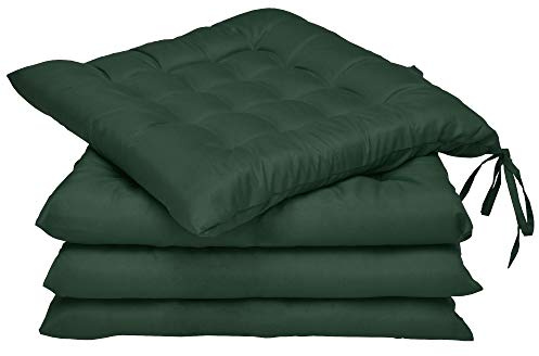 Beautissu 4-pack Sittdynor 40x40 cm med Band – Bekväma Stolsdynor för Inomhus & Utomhus – Sittkuddar för Köksstolar & Trädgårdsmöbler Tjock Vadderad Sittdyna Mörkgrön 5 cm