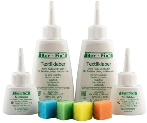 Ber-Fix Textilkleber Set 2x40g + 2x150g Vorratspack | Textilkleber-Set für kleine und größere Stoffreparaturen an Kleidung, Polstern, Leder, Filz und Gewebe.