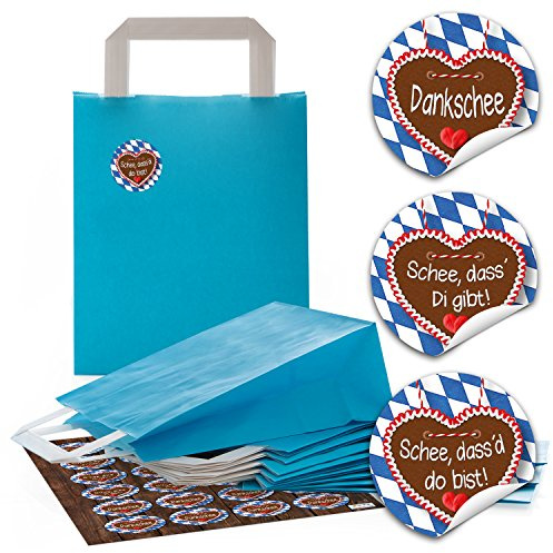 Logbuch-Verlag 24 Geschenktaschen bayerisch blau weiß mit Lebkuchenherz Aufkleber Bayern Oktoberfest Tüten Verpackung 18 x 8 x 22 cm